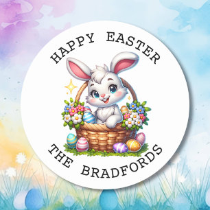 Cute Cartoon Easter Bunny in a Basket Personalised Classic Round Sticker