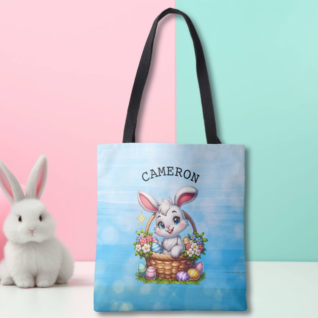 Cute Cartoon Easter Bunny in a Basket Personalised Tote Bag (Creator Uploaded)