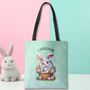 Cute Cartoon Easter Bunny in a Basket Personalised Tote Bag