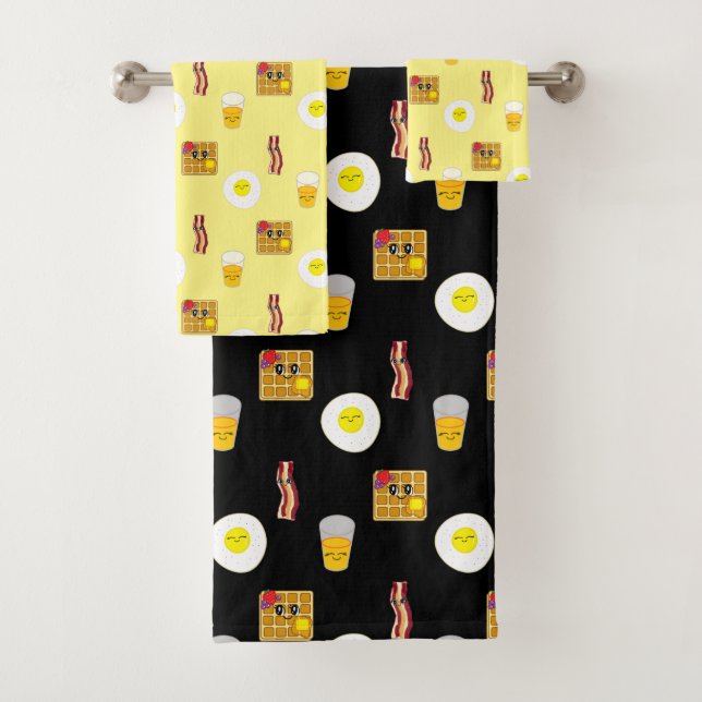 Cute Cartoon Egg, Bacon, Waffles and Orange Juice Bath Towel Set (Insitu)