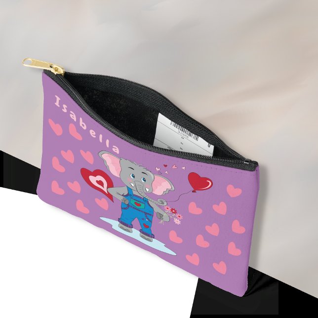 Cute Cartoon Elephant and Hearts Kid Purple Pouch (Cute cartoon elephant and hearts small zipper pouch with name .)