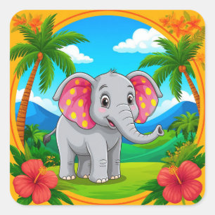 🐘 Cute Cartoon Elephant Jungle Animal 🌿 Square Sticker