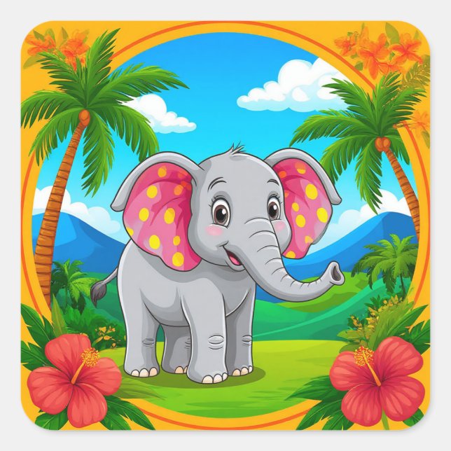 🐘 Cute Cartoon Elephant Jungle Animal  🌿 Square Sticker (Front)