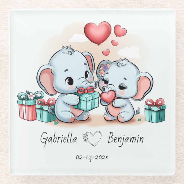 Cute Cartoon Elephant Lover Heart Valentines Day Glass Coaster (Front)