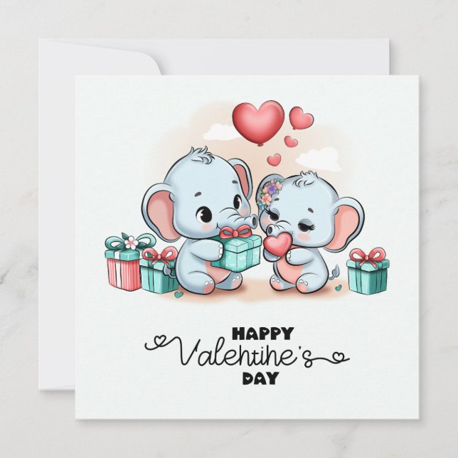 Cute Cartoon Elephant Lover Heart Valentines Day Holiday Card (Front)