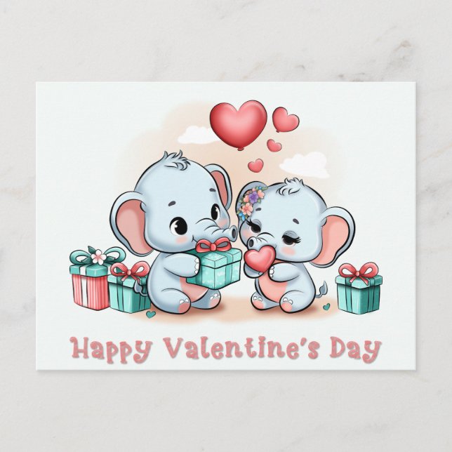Cute Cartoon Elephant Lover Heart Valentines Day  Postcard (Front)
