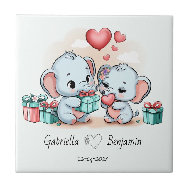 Cute Cartoon Elephant Lover Heart Valentines Day Tile (Front)