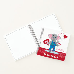 Cute Cartoon Elephant Red White Kid Sketchbook Notebook