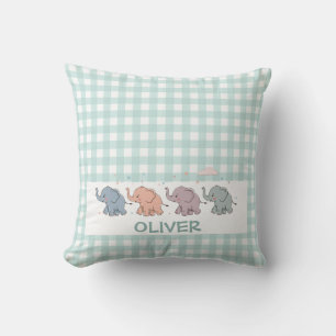 Cute Cartoon Elephants Gingham Cushion