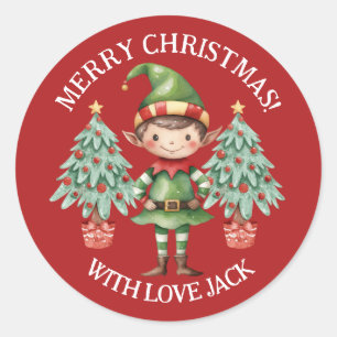 Cute Cartoon Elf Boy Merry Christmas Letter Classic Round Sticker