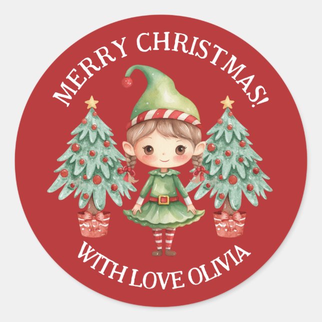 Cute Cartoon Elf Girl Merry Christmas Favour Seal (Front)