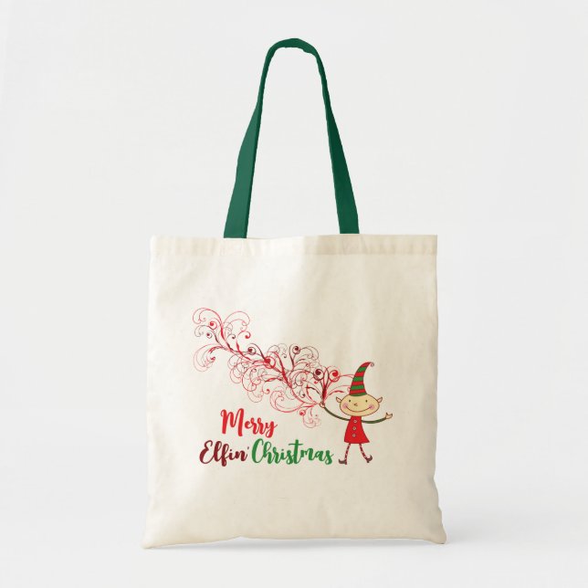 Cute Cartoon Elf Swirls Magical Christmas Holiday Tote Bag (Front)