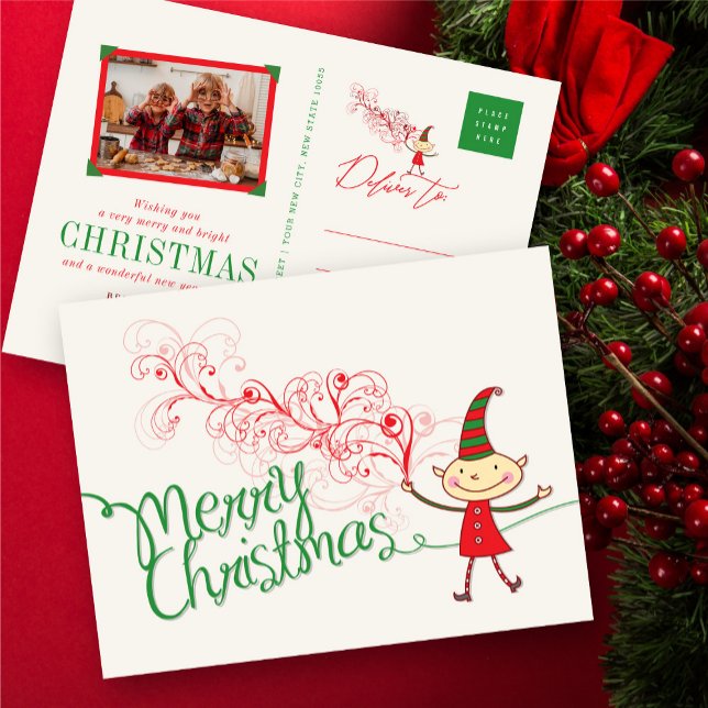 Cute Cartoon Elf & Swirls Magical Merry Christmas Holiday Postcard (Creator Uploaded)
