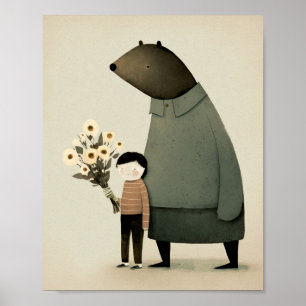 Cute cartoon fairy bear and boy. Floral Birthday Poster