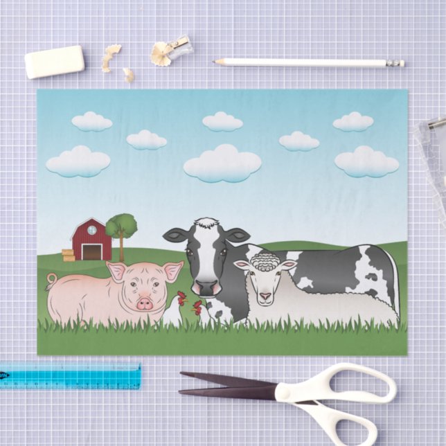 Cute Cartoon Farm Animals With Barn And Blue Sky Tissue Paper (Craft)