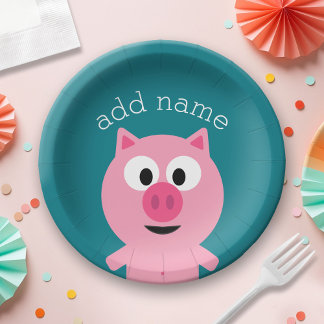 Cute Cartoon Farm Pig - Pick Your Background Colou Paper Plate
