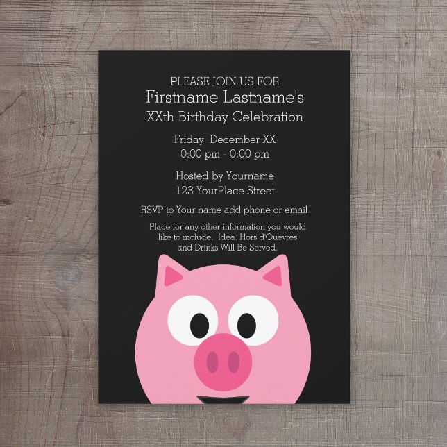 Cute Cartoon Farm Pig - Pink and Black Invitation (Cute Birthday Party Invitation - cartoon pig)
