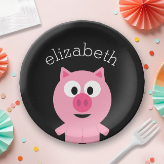 Cute Cartoon Farm Pig - Pink and Black Paper Plate