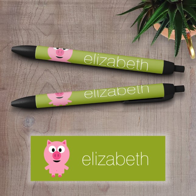 Cute Cartoon Farm Pig - Pink and Lime Green Black Ink Pen (Personalized writing pens - Add your text )