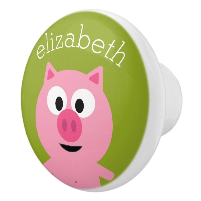 Cute Cartoon Farm Pig - Pink and Lime Green Ceramic Knob (Right)