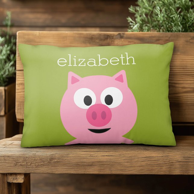 Cute Cartoon Farm Pig - Pink and Lime Green Decorative Cushion (Cute Accent Pillow)