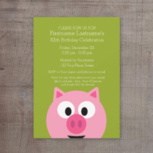 Cute Cartoon Farm Pig - Pink and Lime Green Invitation