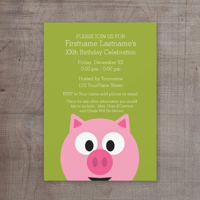 Cute Cartoon Farm Pig - Pink and Lime Green Invitation (Cute Birthday Party Invitation - cartoon pig)