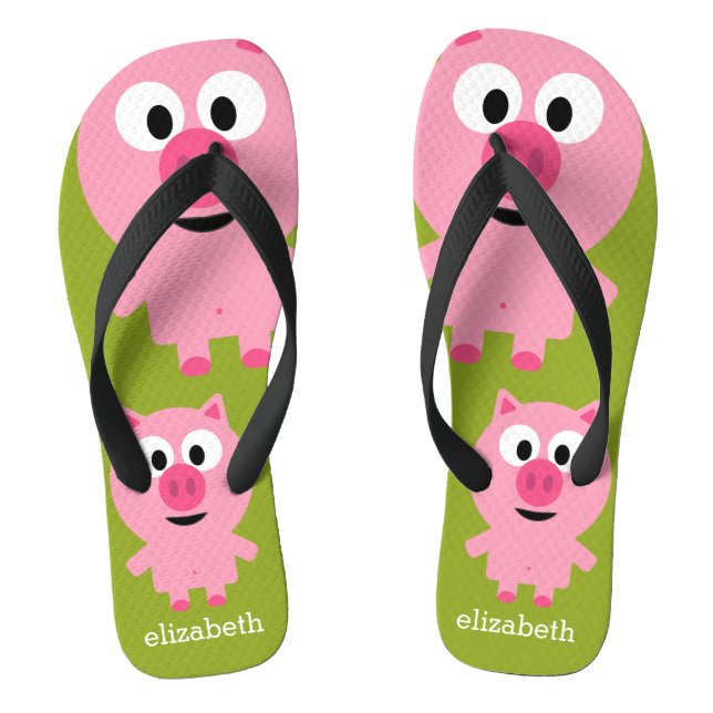 Cute Cartoon Farm Pig - Pink and Lime Green Jandals (Footbed)