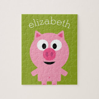 Cute Cartoon Farm Pig - Pink and Lime Green Jigsaw Puzzle