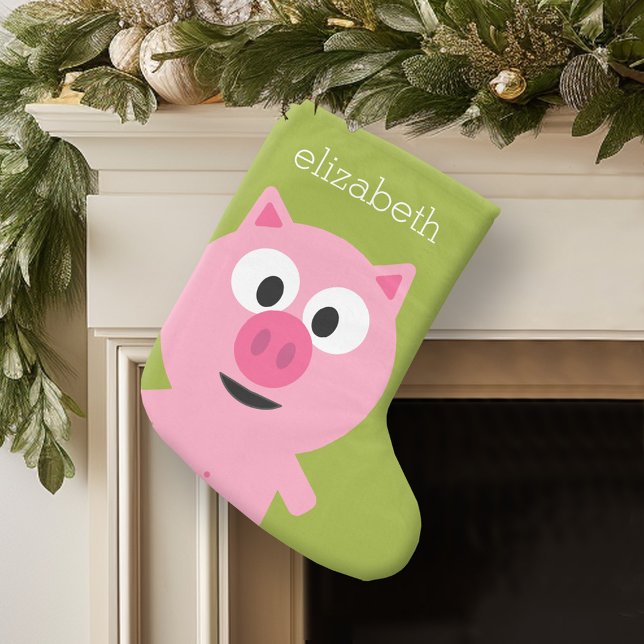 Cute Cartoon Farm Pig - Pink and Lime Green Large Christmas Stocking (Personalized Christmas Stocking)