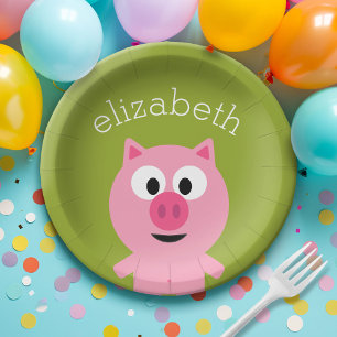 Cute Cartoon Farm Pig - Pink and Lime Green Paper Plate