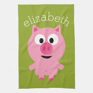 Cute Cartoon Farm Pig - Pink and Lime Green Tea Towel