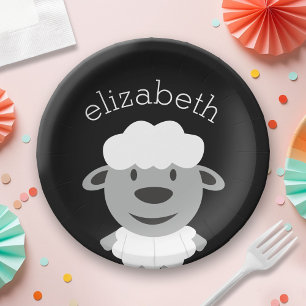 Cute Cartoon Farm Sheep - black and grey Paper Plate