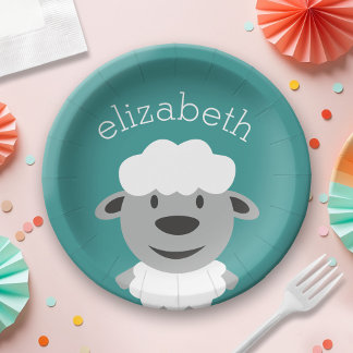 Cute Cartoon Farm Sheep - Teal and grey Paper Plate