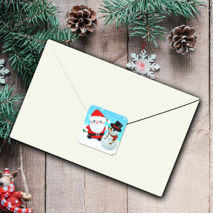 Cute cartoon father christmas with a snowman square sticker