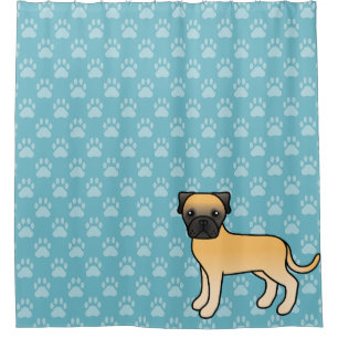 Cute Cartoon Fawn Bullmastiff Dog On Blue Shower Curtain