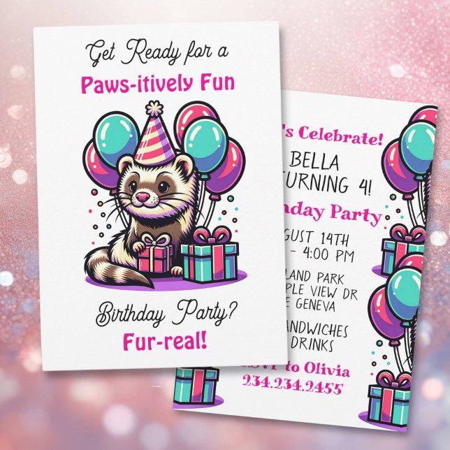 Cute Cartoon Ferret Girl's Birthday Party Invitation (Creator Uploaded)