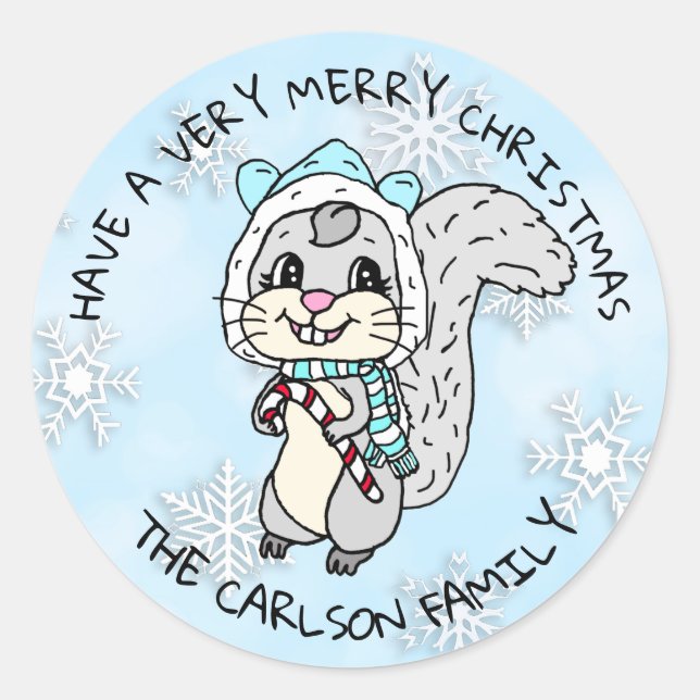 Cute Cartoon Festive Squirrel Christmas Classic Round Sticker (Front)