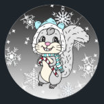 Cute Cartoon Festive Squirrel Christmas Classic Round Sticker<br><div class="desc">Personalised Family Name Cute festive holiday squirrel,  with snowflakes background.</div>