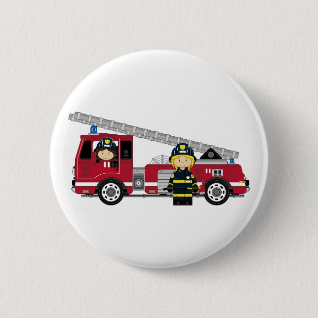 Cute Cartoon Fireman and Fire Engine 6 Cm Round Badge (Front)