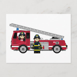 Cute Cartoon Fireman and Fire Engine Postcard