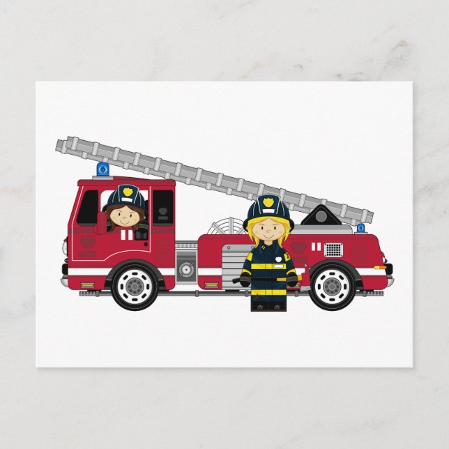 Cute Cartoon Fireman and Fire Engine Postcard (Front)