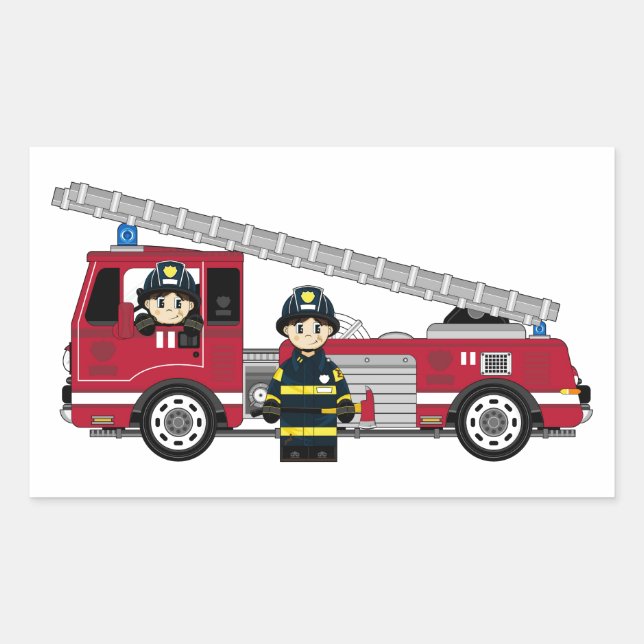 Cute Cartoon Fireman and Fire Engine Rectangular Sticker (Front)