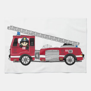 Cute Cartoon Fireman and Fire Engine Tea Towel