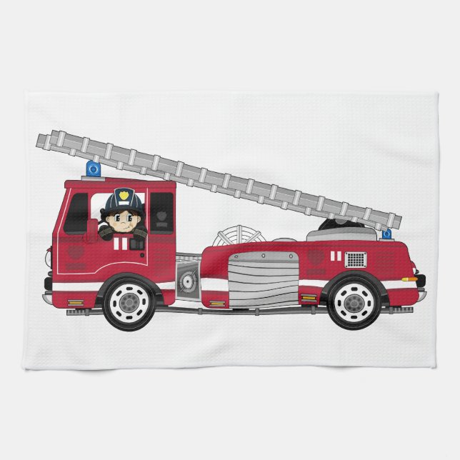 Cute Cartoon Fireman and Fire Engine Tea Towel (Horizontal)