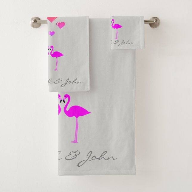 Cute Cartoon Flamingos In Love -Personalised Bath Towel Set (Insitu)