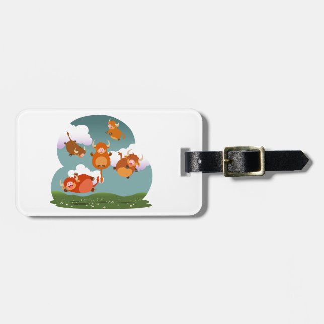Cute Cartoon Floating Highland Cows Luggage Tag (Front Horizontal)