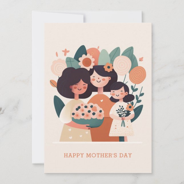 Cute cartoon floral mum and girls. Mothers Day Holiday Card (Front)