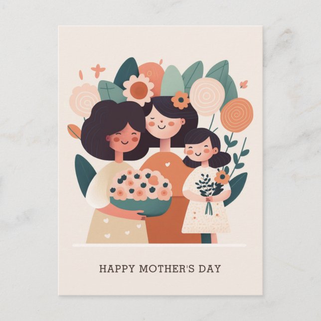 Cute cartoon floral mum and girls. Mothers Day Postcard (Front)