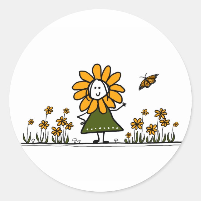 Cute Cartoon Flower Girl in a butterfly garden Classic Round Sticker (Front)